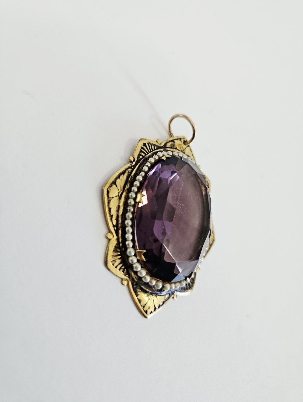 Antique Victorian Edwardian Brass Seed Pearl Enamel Pendant Converted Brooch - Picture 5 of 15